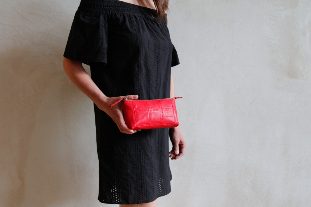 upcycled leather toiletry pouch