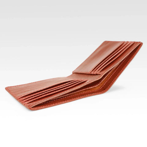 eco-friendly, sustainable leather money wallet made from low carbon materials with a rescued parachute lining