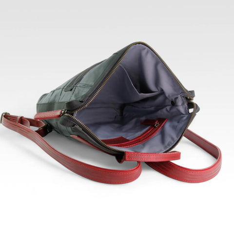 eco-friendly, sustainable leather backpack made from low carbon materials with a rescued cotton lining
