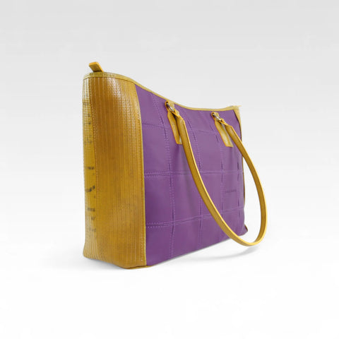 The Elvis & Kresse Classic Tote Bag, available in purple upcycled leather and yellow recycled fire-hose