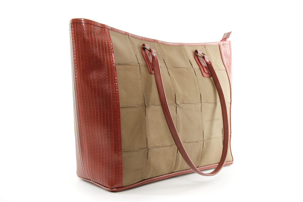 Recycled leather and decommissioned fire-hose tote bag