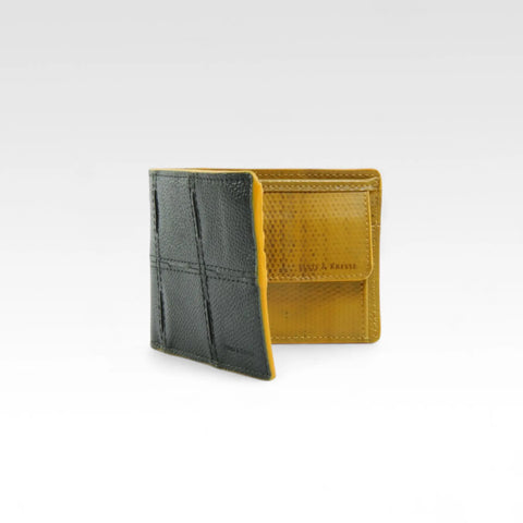 The Elvis & Kresse Leather Wallet with coin pocket, available in black upcycled leather and yellow recycled fire-hose