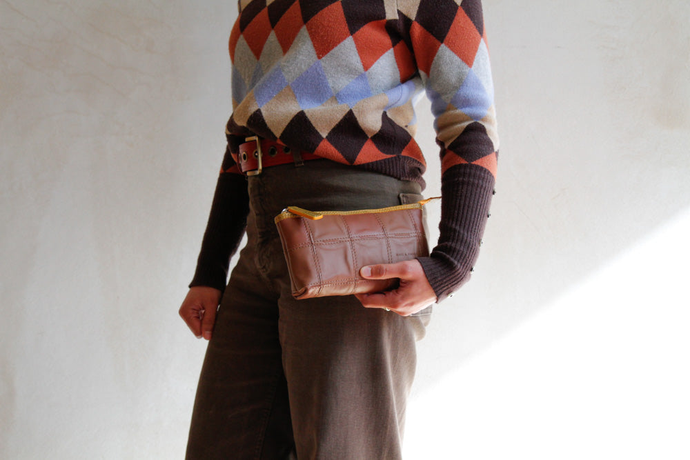 upcycled leather toiletry pouch