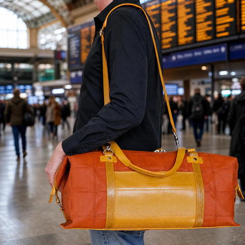 The Elvis & Kresse Weekend Bag, available in cider camel upcycled leather and yellow recycled fire-hose